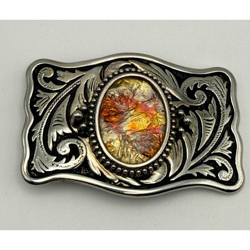 Vintage Western Belt Buckle Silver Tone Scroll Design Fire Agate Stone